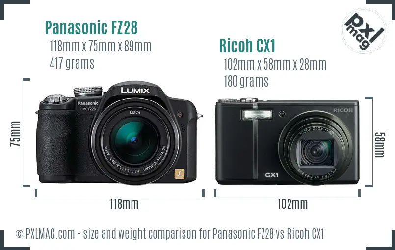Panasonic FZ28 vs Ricoh CX1 size comparison