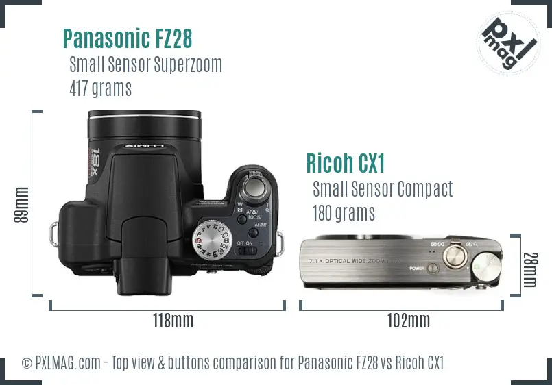 Panasonic FZ28 vs Ricoh CX1 top view buttons comparison