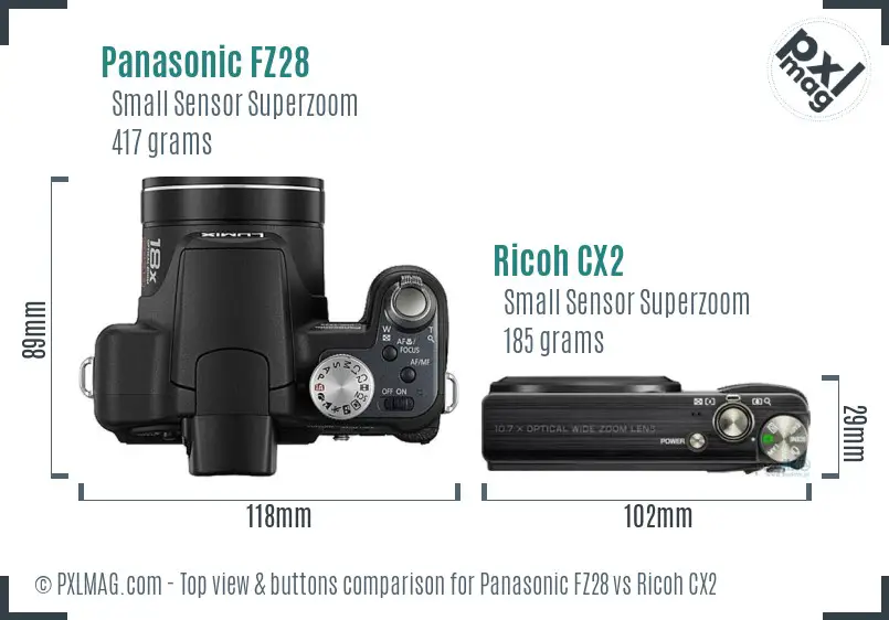 Panasonic FZ28 vs Ricoh CX2 top view buttons comparison