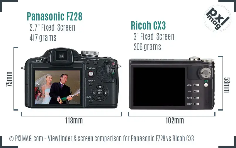 Panasonic FZ28 vs Ricoh CX3 Screen and Viewfinder comparison