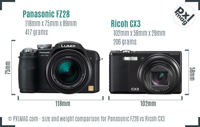 Panasonic FZ28 vs Ricoh CX3 size comparison