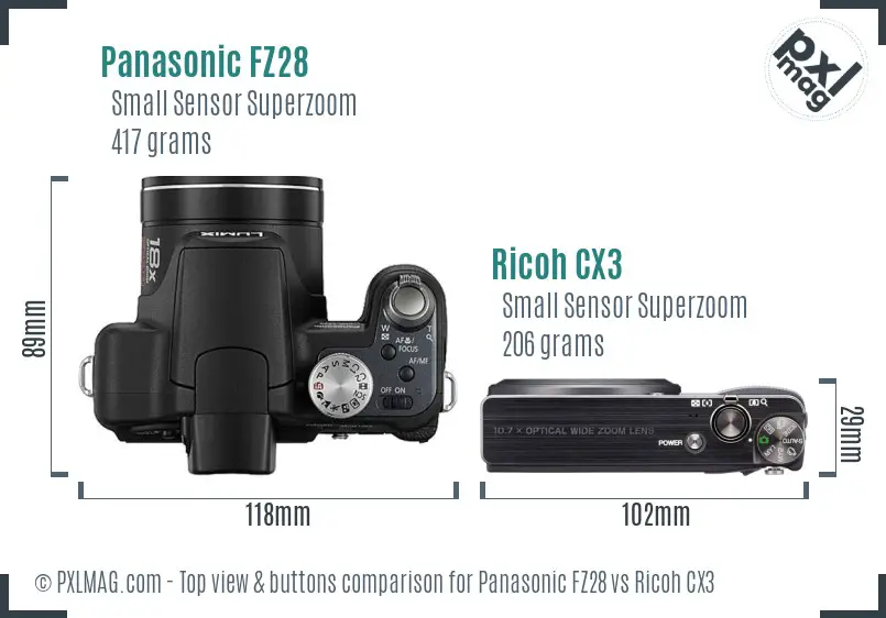 Panasonic FZ28 vs Ricoh CX3 top view buttons comparison