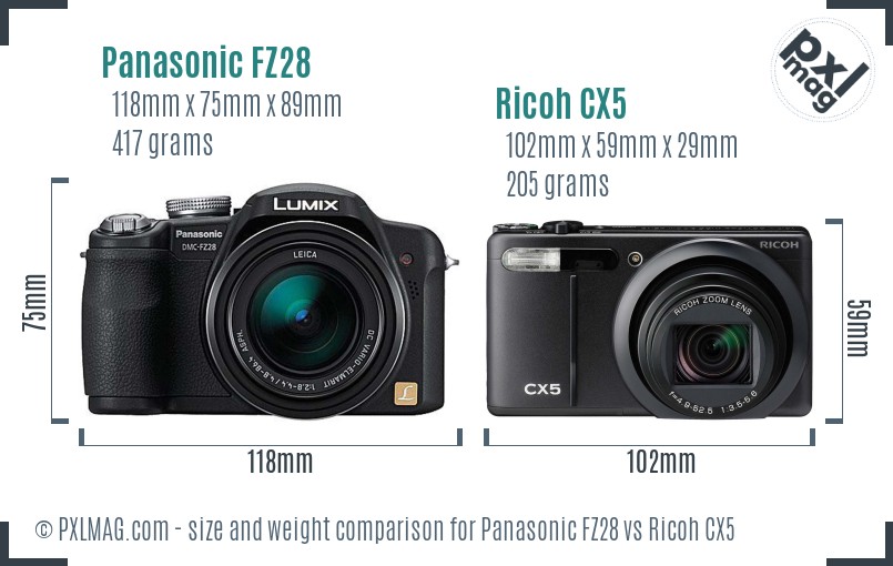 Panasonic FZ28 vs Ricoh CX5 size comparison Panasonic FZ28 vs Ricoh CX5 size comparison
