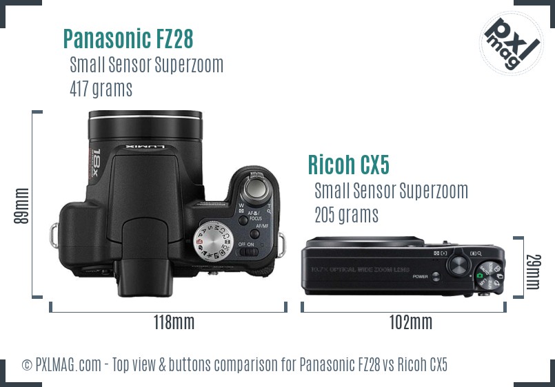 Panasonic FZ28 vs Ricoh CX5 top view buttons comparison