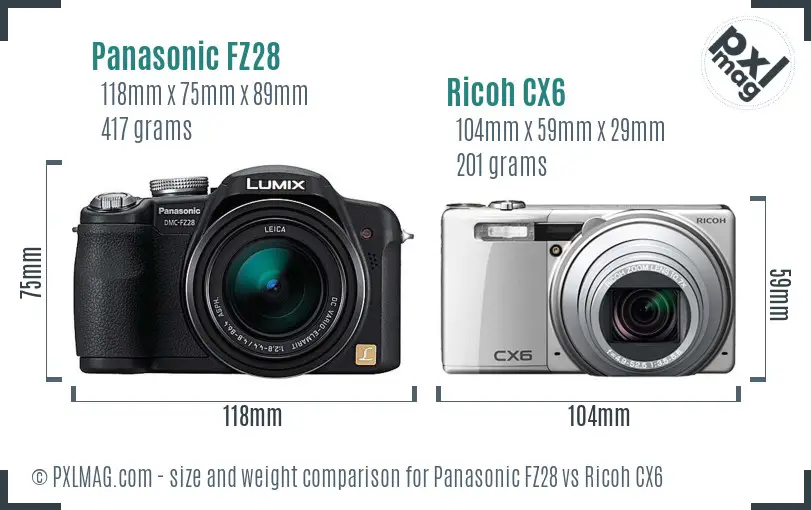 Panasonic FZ28 vs Ricoh CX6 size comparison Panasonic FZ28 vs Ricoh CX6 size comparison