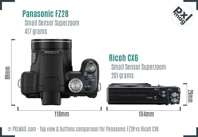 Panasonic FZ28 vs Ricoh CX6 top view buttons comparison