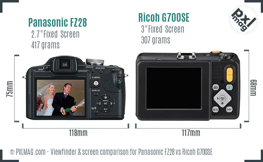 Panasonic FZ28 vs Ricoh G700SE Screen and Viewfinder comparison