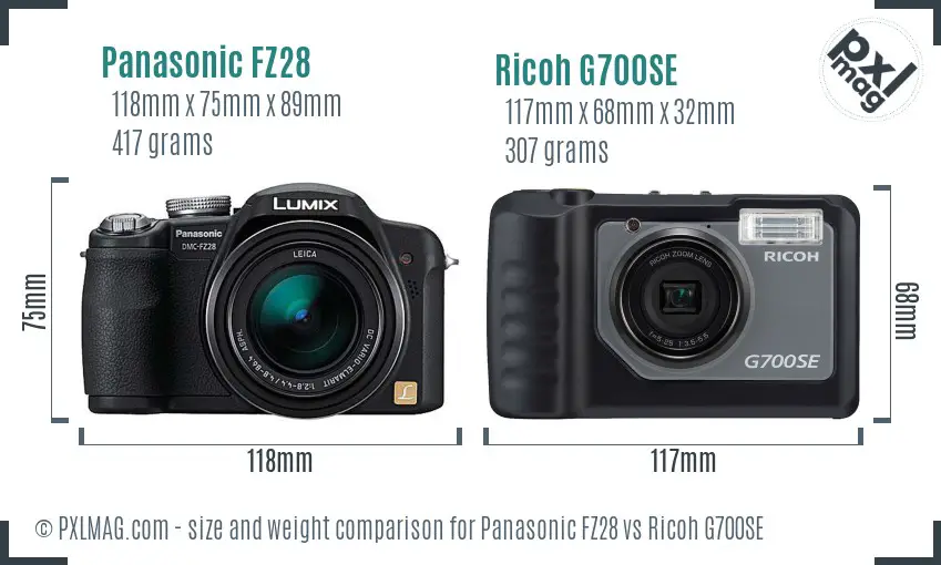 Panasonic FZ28 vs Ricoh G700SE size comparison