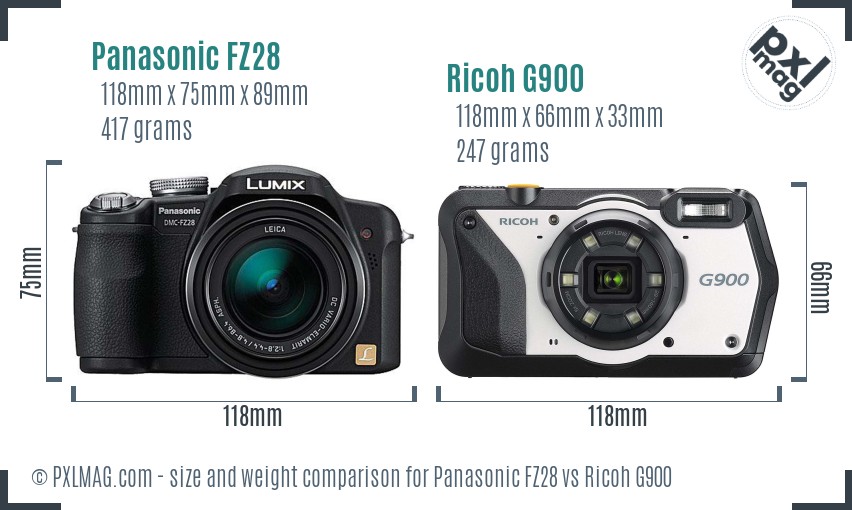 Panasonic FZ28 vs Ricoh G900 size comparison
