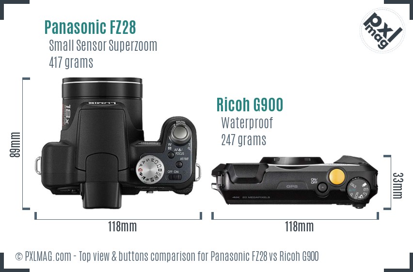 Panasonic FZ28 vs Ricoh G900 top view buttons comparison