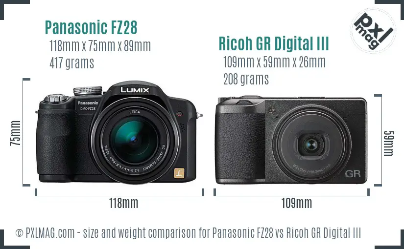 Panasonic FZ28 vs Ricoh GR Digital III size comparison Panasonic FZ28 vs Ricoh GR Digital III size comparison