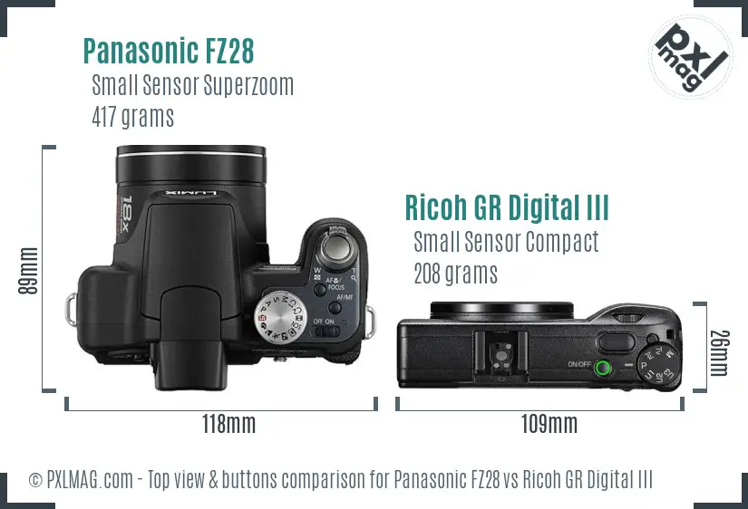Panasonic FZ28 vs Ricoh GR Digital III top view buttons comparison Panasonic FZ28 vs Ricoh GR Digital III top view buttons comparison
