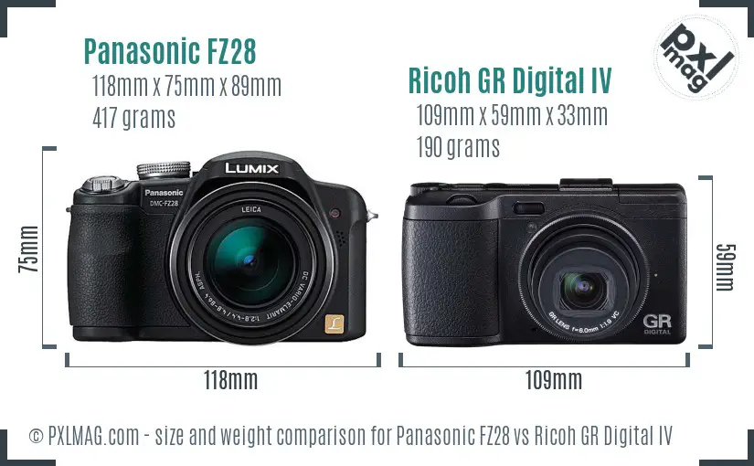 Panasonic FZ28 vs Ricoh GR Digital IV size comparison Panasonic FZ28 vs Ricoh GR Digital IV size comparison