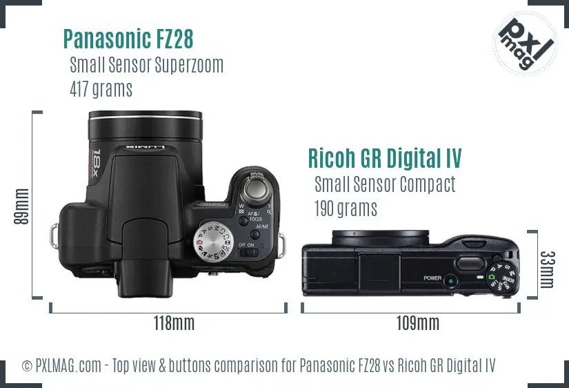 Panasonic FZ28 vs Ricoh GR Digital IV top view buttons comparison Panasonic FZ28 vs Ricoh GR Digital IV top view buttons comparison
