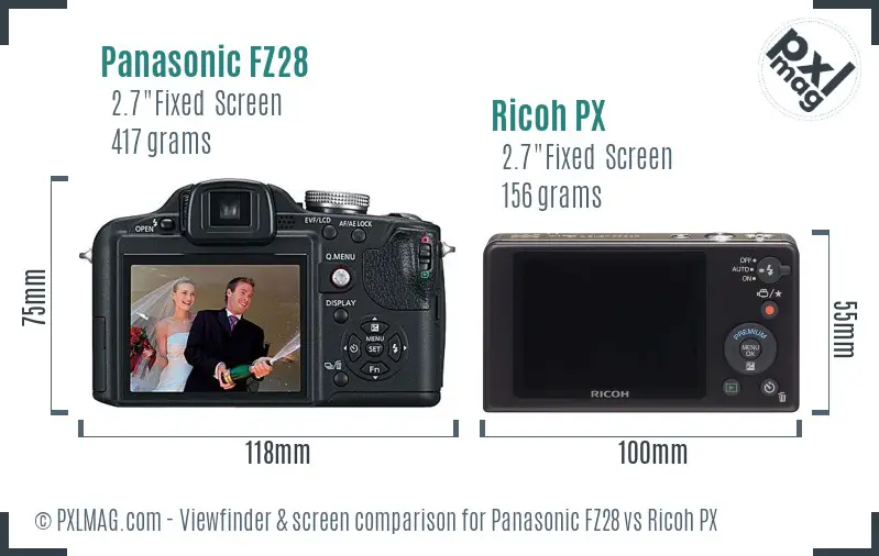 Panasonic FZ28 vs Ricoh PX Screen and Viewfinder comparison