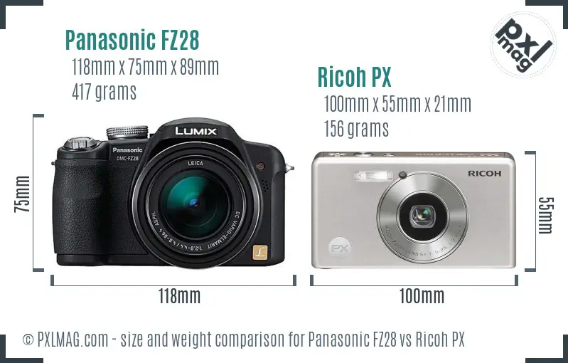 Panasonic FZ28 vs Ricoh PX size comparison