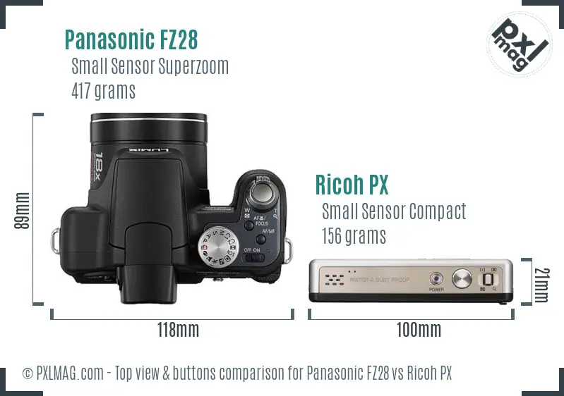 Panasonic FZ28 vs Ricoh PX top view buttons comparison