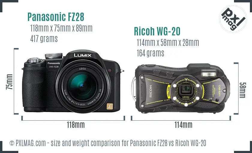 Panasonic FZ28 vs Ricoh WG-20 size comparison Panasonic FZ28 vs Ricoh WG-20 size comparison