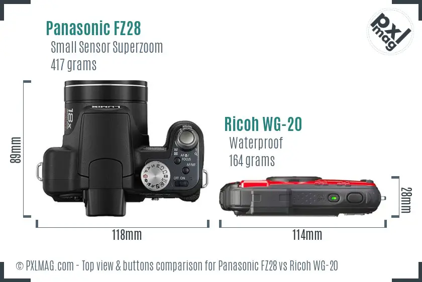 Panasonic FZ28 vs Ricoh WG-20 top view buttons comparison Panasonic FZ28 vs Ricoh WG-20 top view buttons comparison