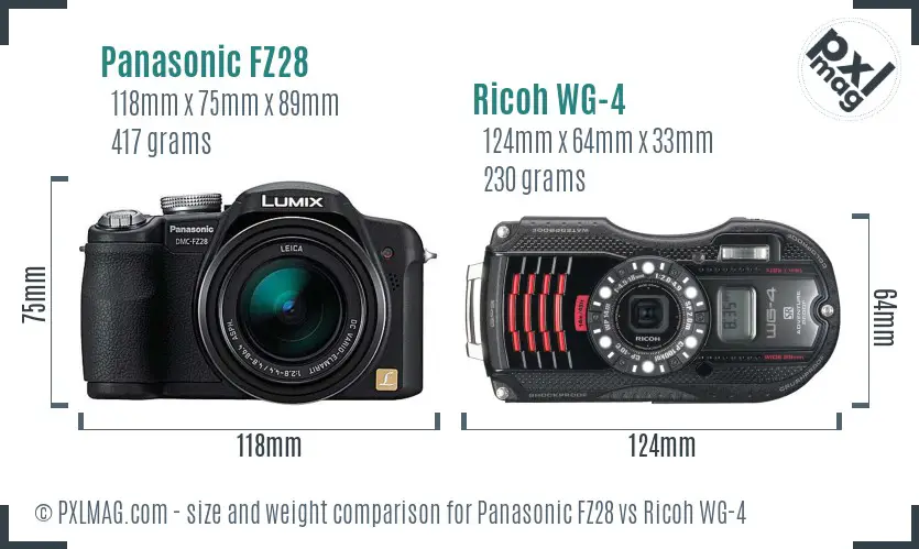 Panasonic FZ28 vs Ricoh WG-4 size comparison