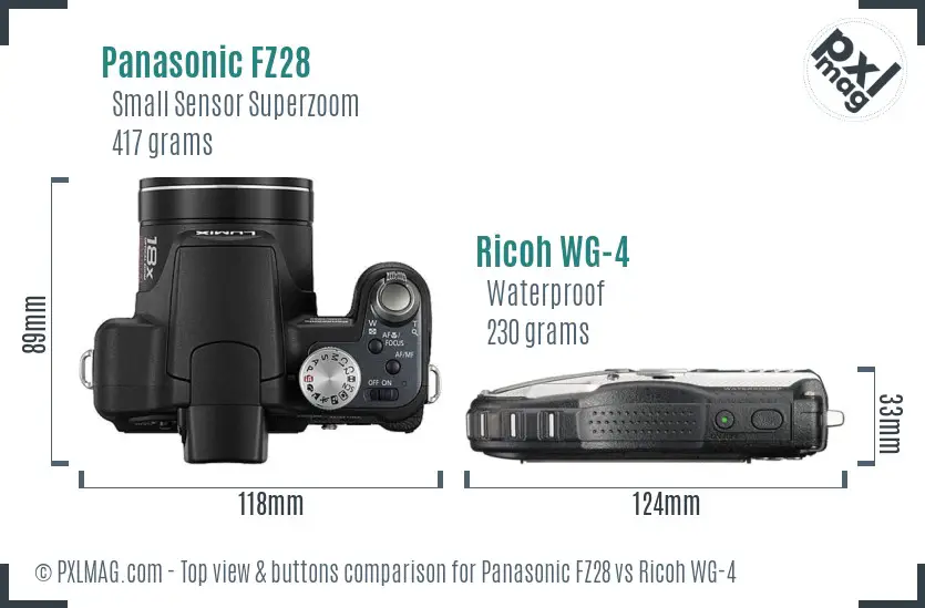 Panasonic FZ28 vs Ricoh WG-4 top view buttons comparison