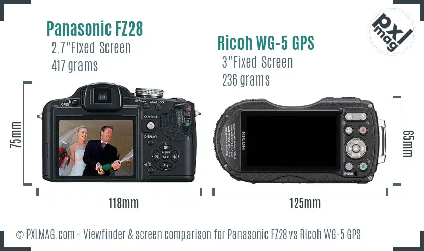 Panasonic FZ28 vs Ricoh WG-5 GPS Screen and Viewfinder comparison