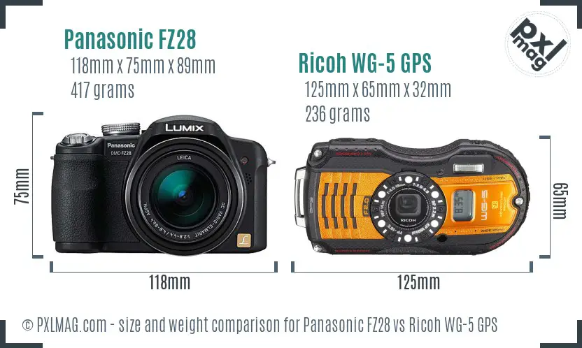 Panasonic FZ28 vs Ricoh WG-5 GPS size comparison