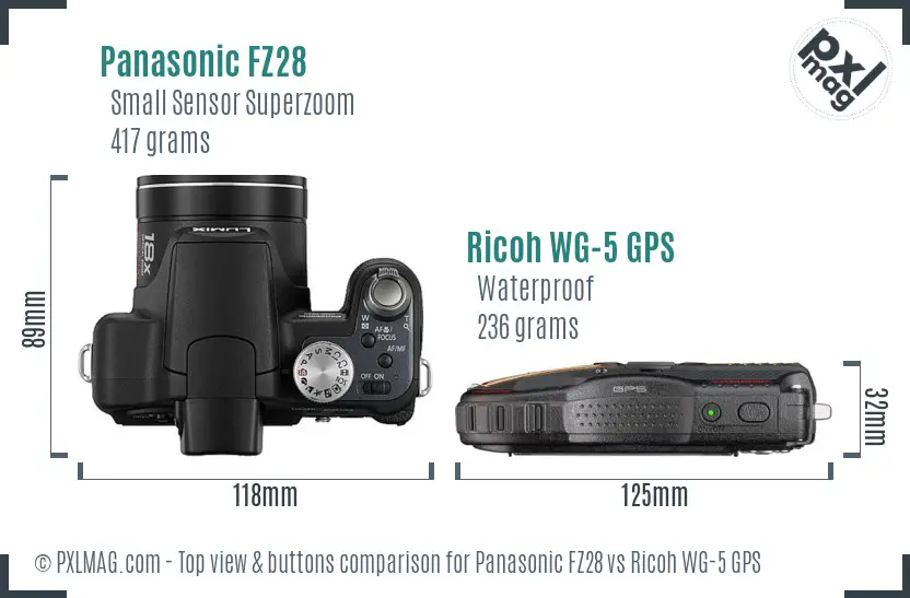 Panasonic FZ28 vs Ricoh WG-5 GPS top view buttons comparison