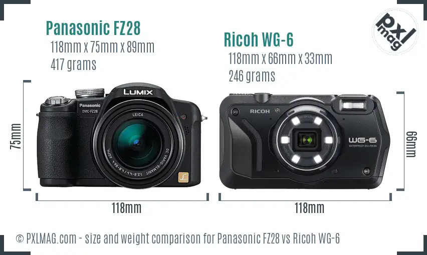 Panasonic FZ28 vs Ricoh WG-6 size comparison