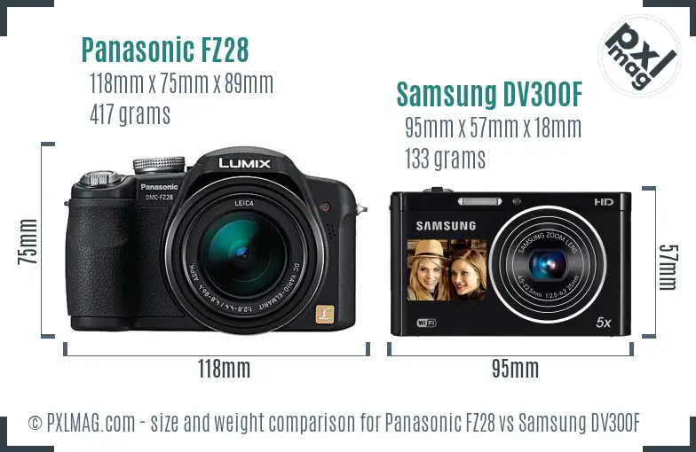 Panasonic FZ28 vs Samsung DV300F size comparison