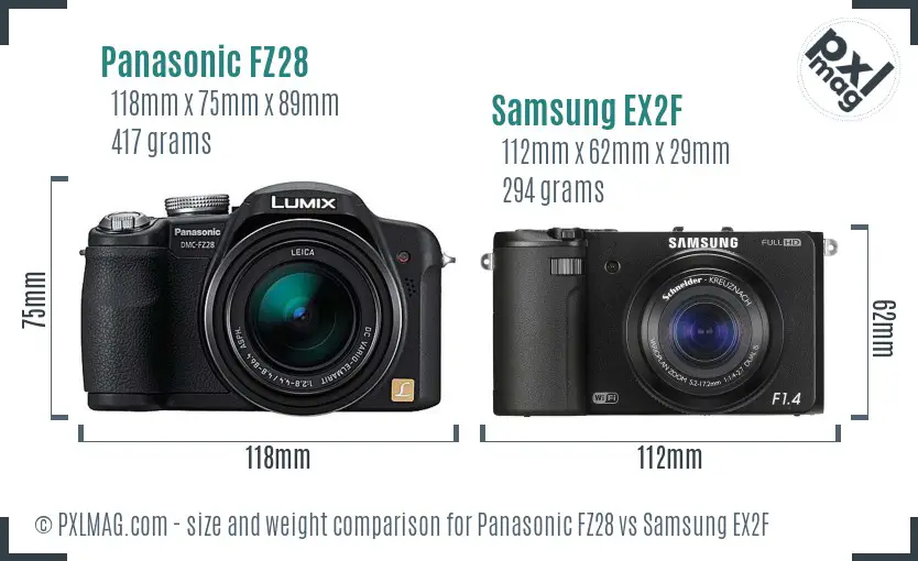 Panasonic FZ28 vs Samsung EX2F size comparison