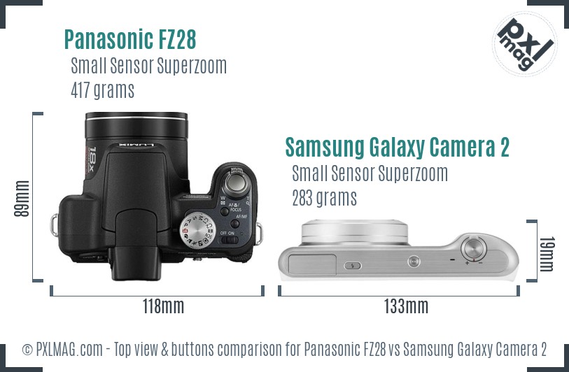 Panasonic FZ28 vs Samsung Galaxy Camera 2 top view buttons comparison