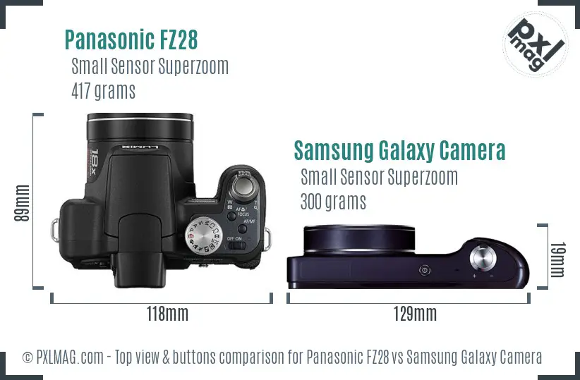 Panasonic FZ28 vs Samsung Galaxy Camera top view buttons comparison Panasonic FZ28 vs Samsung Galaxy Camera top view buttons comparison