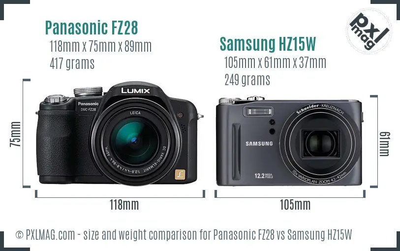 Panasonic FZ28 vs Samsung HZ15W size comparison