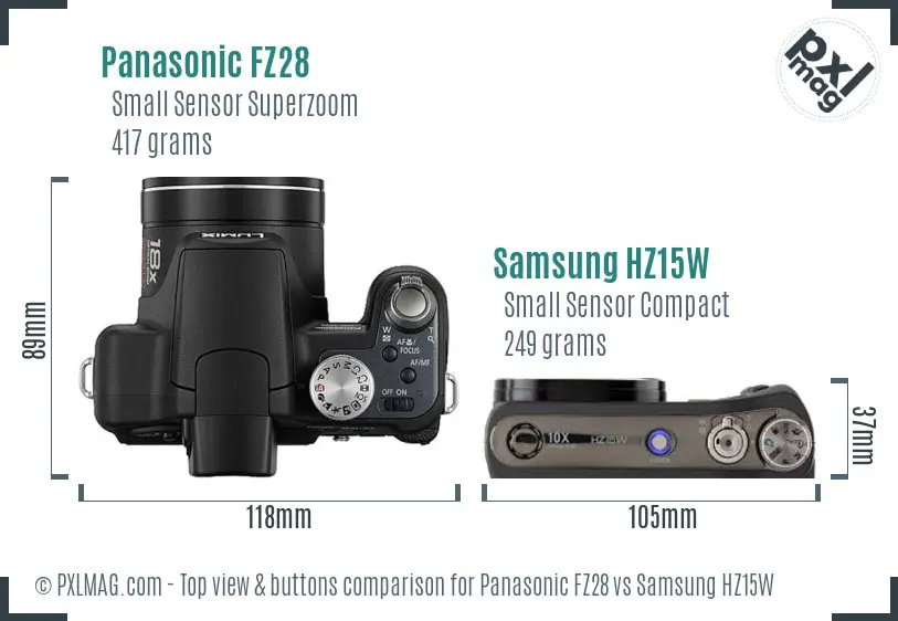 Panasonic FZ28 vs Samsung HZ15W top view buttons comparison