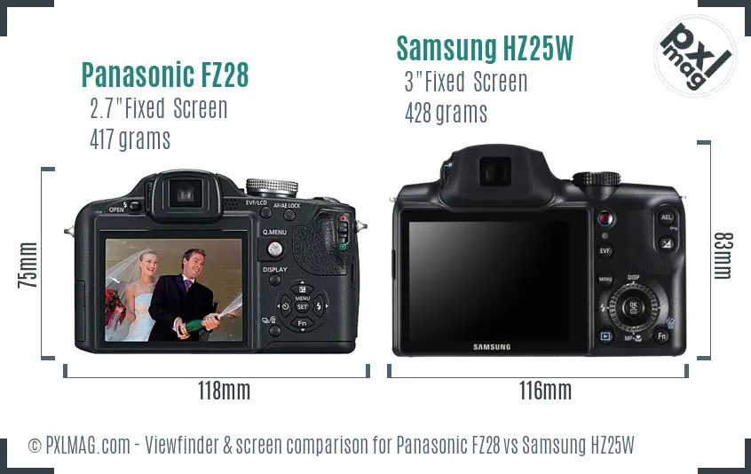 Panasonic FZ28 vs Samsung HZ25W Screen and Viewfinder comparison