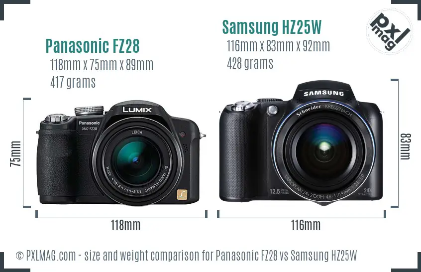 Panasonic FZ28 vs Samsung HZ25W size comparison