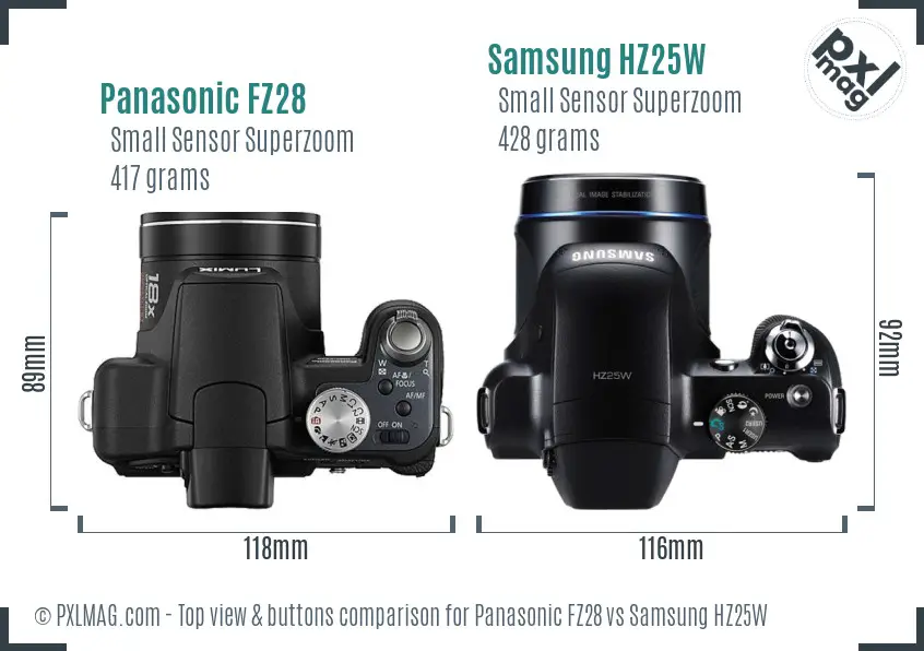 Panasonic FZ28 vs Samsung HZ25W top view buttons comparison