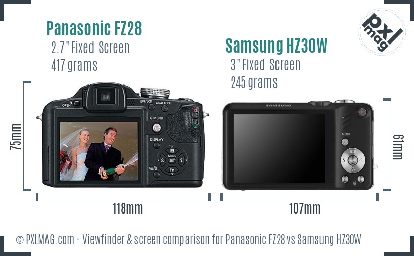 Panasonic FZ28 vs Samsung HZ30W Screen and Viewfinder comparison