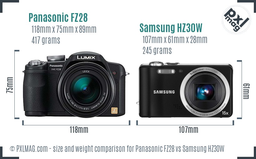 Panasonic FZ28 vs Samsung HZ30W size comparison Panasonic FZ28 vs Samsung HZ30W size comparison