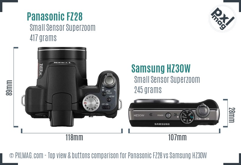 Panasonic FZ28 vs Samsung HZ30W top view buttons comparison