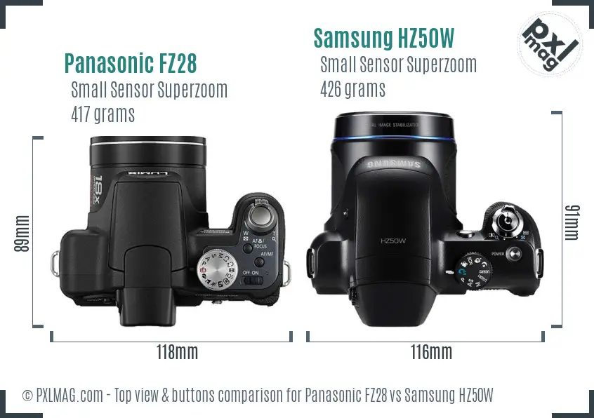 Panasonic FZ28 vs Samsung HZ50W top view buttons comparison Panasonic FZ28 vs Samsung HZ50W top view buttons comparison