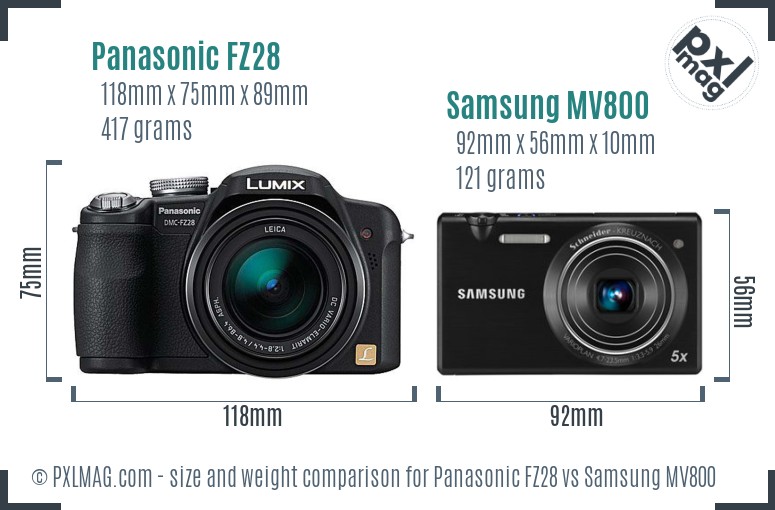 Panasonic FZ28 vs Samsung MV800 size comparison