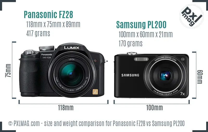 Panasonic FZ28 vs Samsung PL200 size comparison
