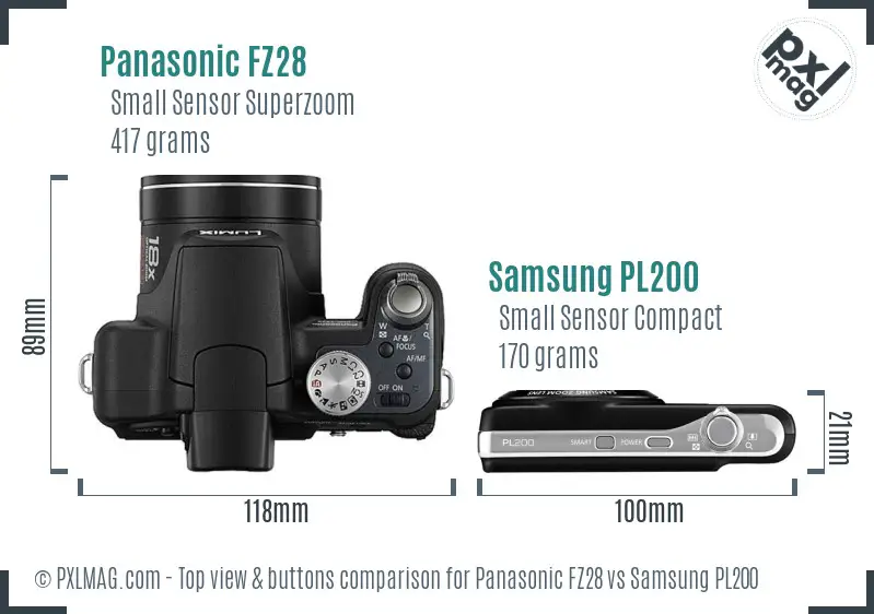 Panasonic FZ28 vs Samsung PL200 top view buttons comparison