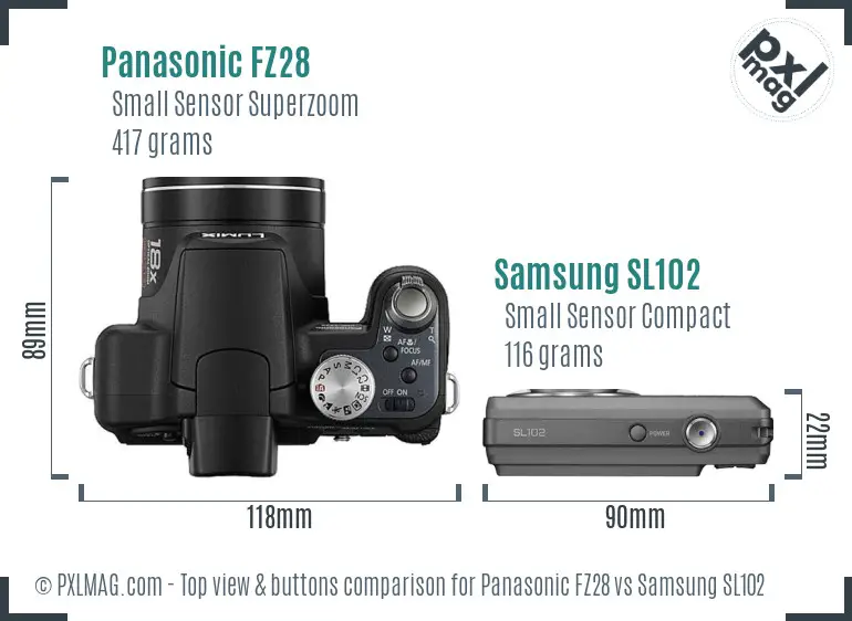 Panasonic FZ28 vs Samsung SL102 top view buttons comparison Panasonic FZ28 vs Samsung SL102 top view buttons comparison