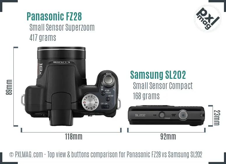 Panasonic FZ28 vs Samsung SL202 top view buttons comparison Panasonic FZ28 vs Samsung SL202 top view buttons comparison