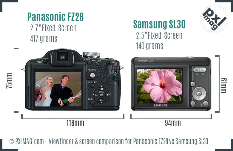 Panasonic FZ28 vs Samsung SL30 Screen and Viewfinder comparison