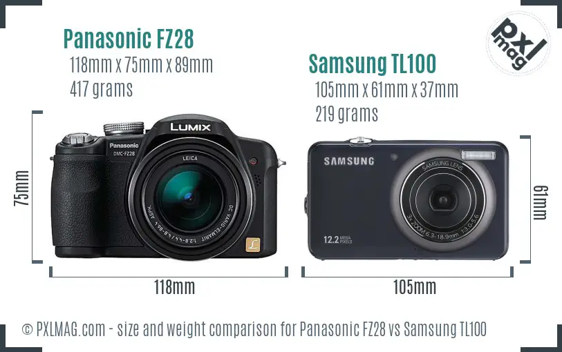 Panasonic FZ28 vs Samsung TL100 size comparison Panasonic FZ28 vs Samsung TL100 size comparison