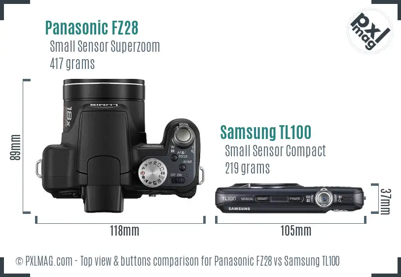 Panasonic FZ28 vs Samsung TL100 top view buttons comparison Panasonic FZ28 vs Samsung TL100 top view buttons comparison
